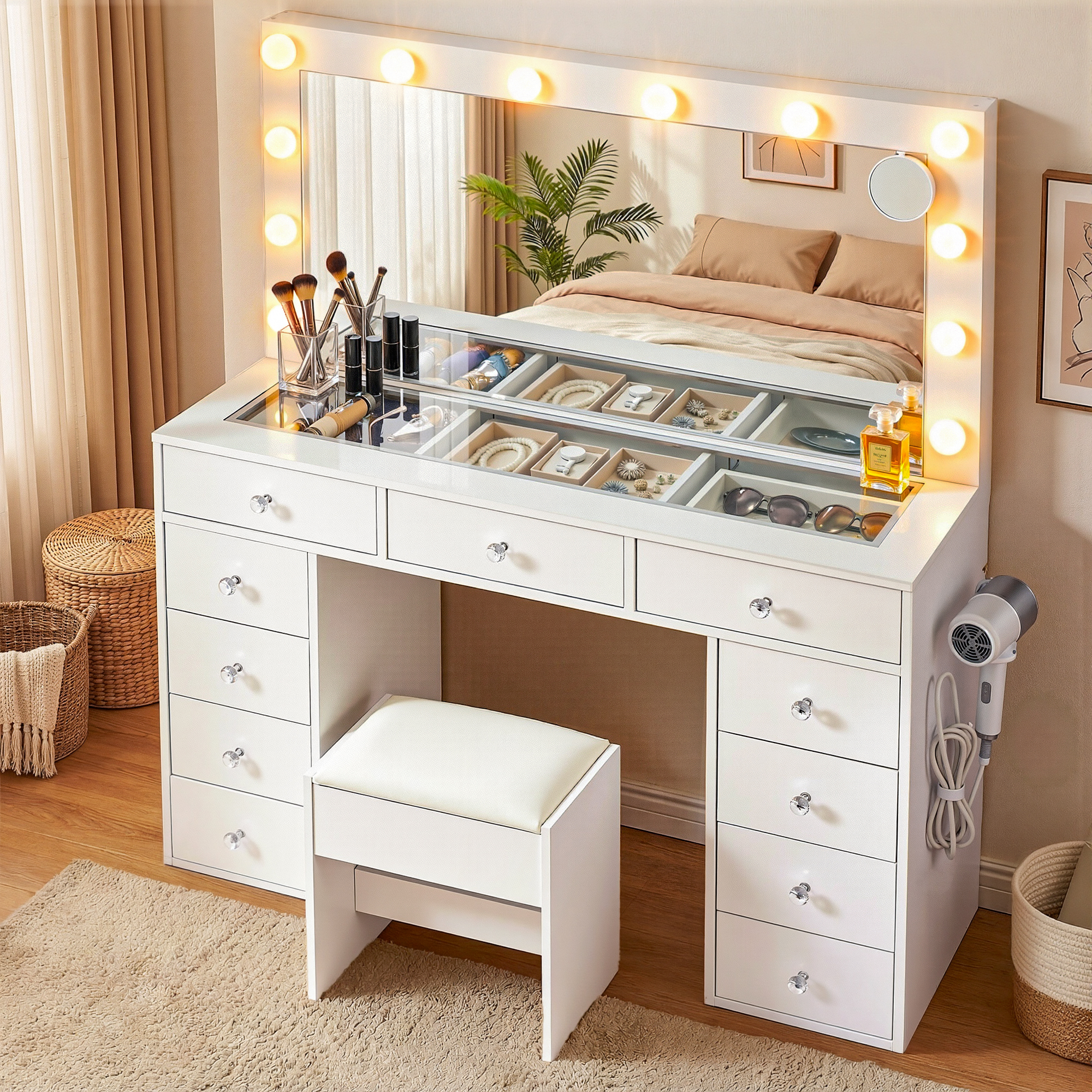 Artiss Dressing Table Vanity Set, LED Bulbs & Charging Station