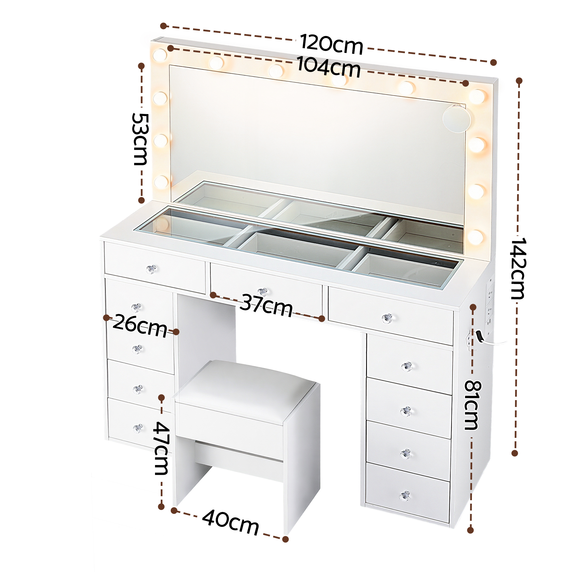 Artiss Dressing Table Vanity Set, LED Bulbs & Charging Station view 3