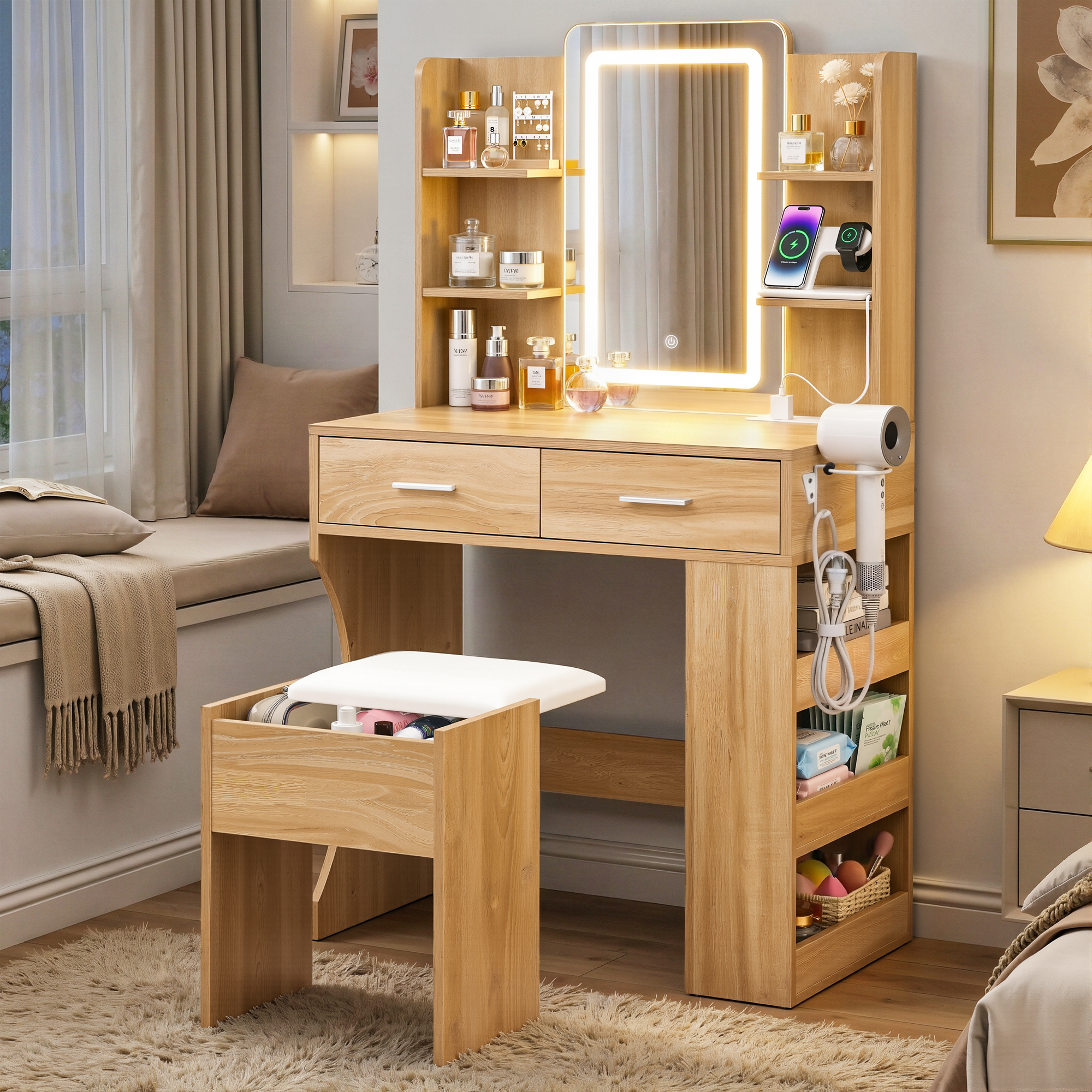 Artiss LED Vanity Dressing Table Set with Stool, Wood