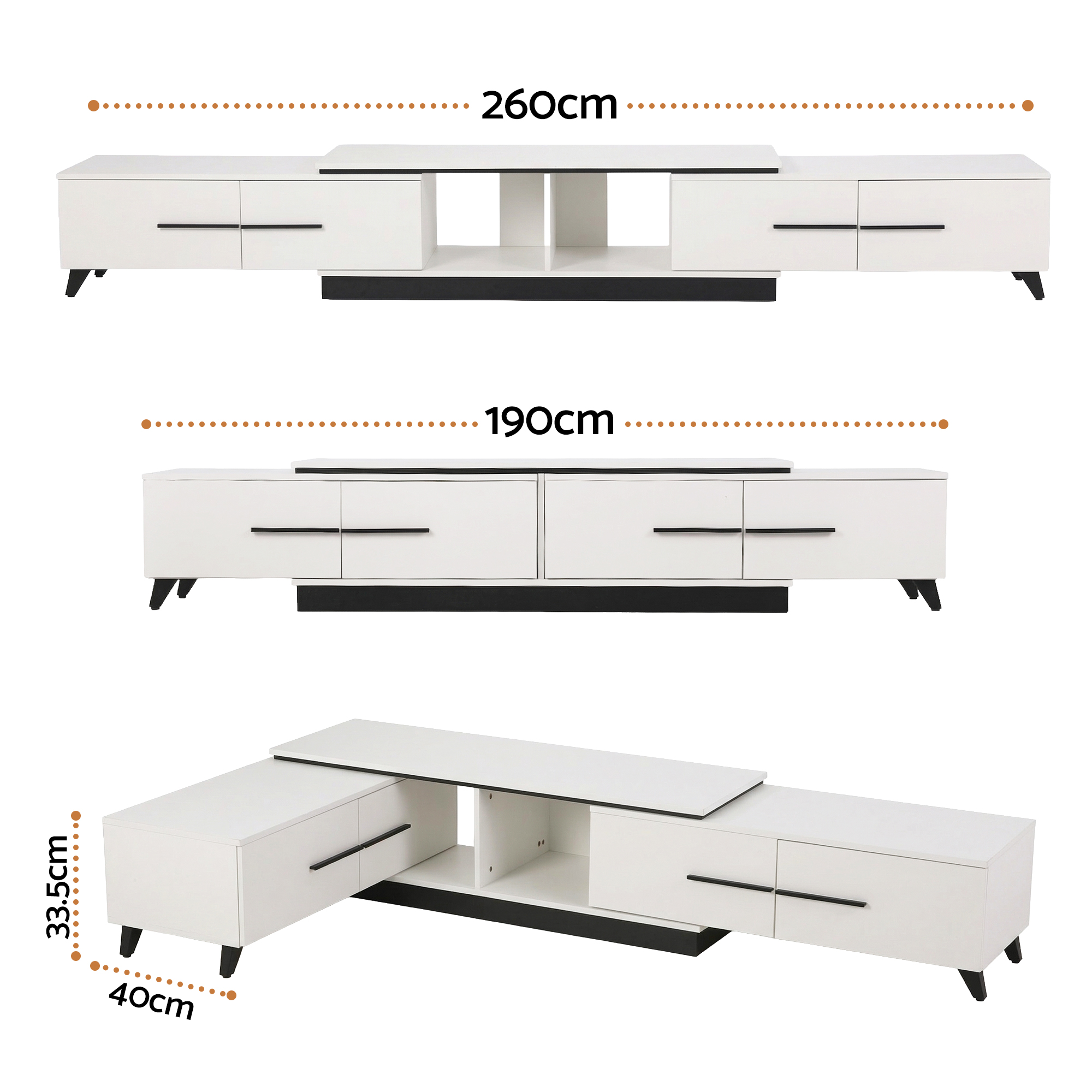 Artiss Extendable TV Cabinet Entertainment Unit White 190-260cm view 3