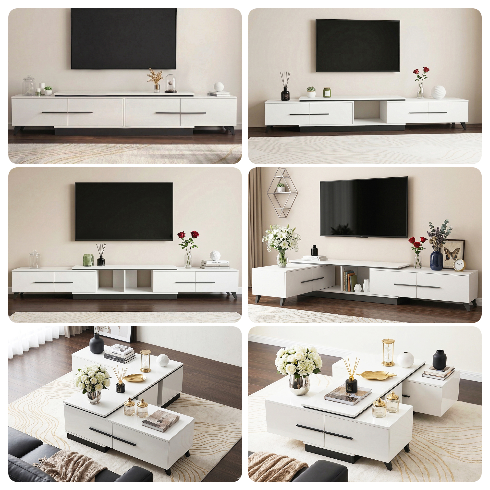 Artiss Extendable TV Cabinet Entertainment Unit White 190-260cm view 5