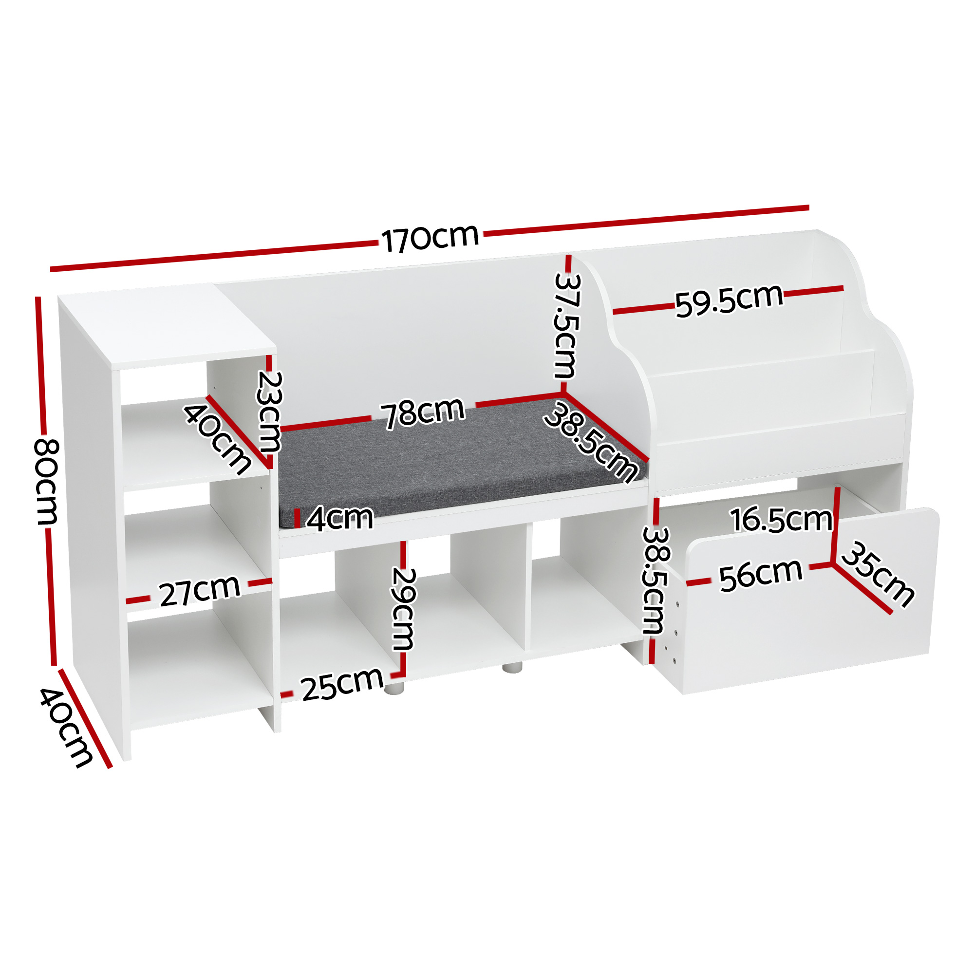 Keezi 170cm Kids Storage Unit Bookshelf Bench Seat White view 3