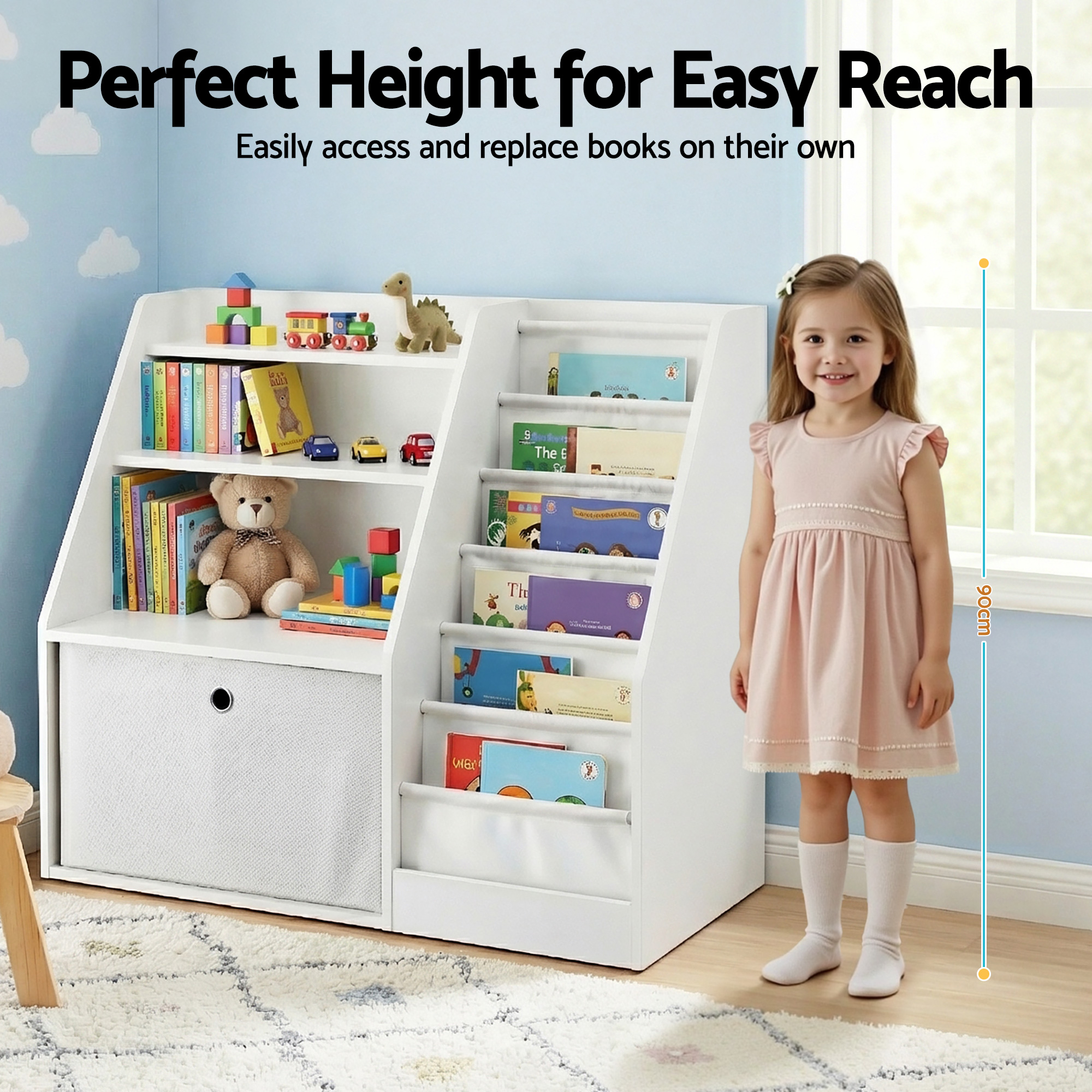 Keezi Kids Bookshelf and Storage Organizer with Sling Pouches view 5