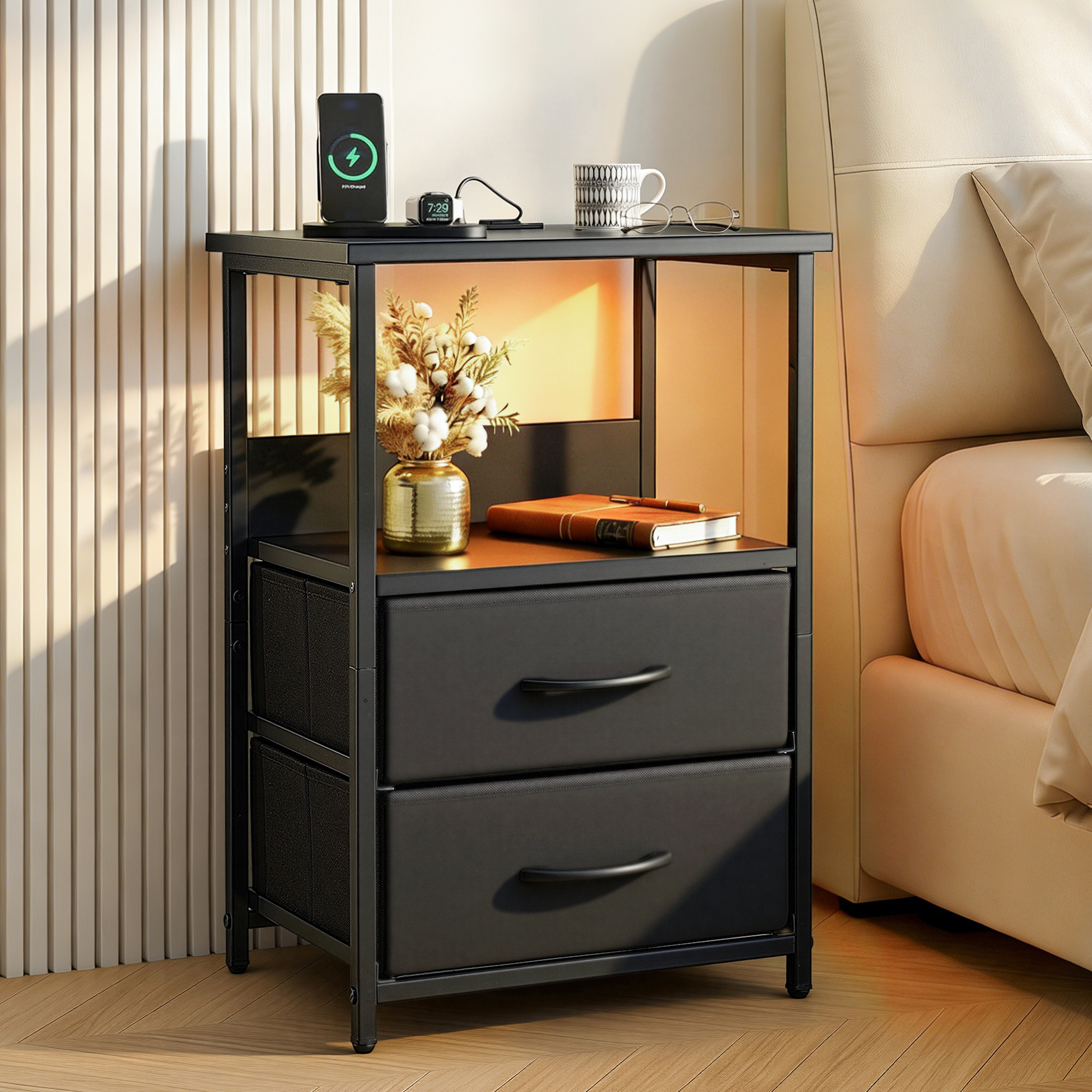 Artiss LED Nightstand Bedside Table with Charging Station, Black