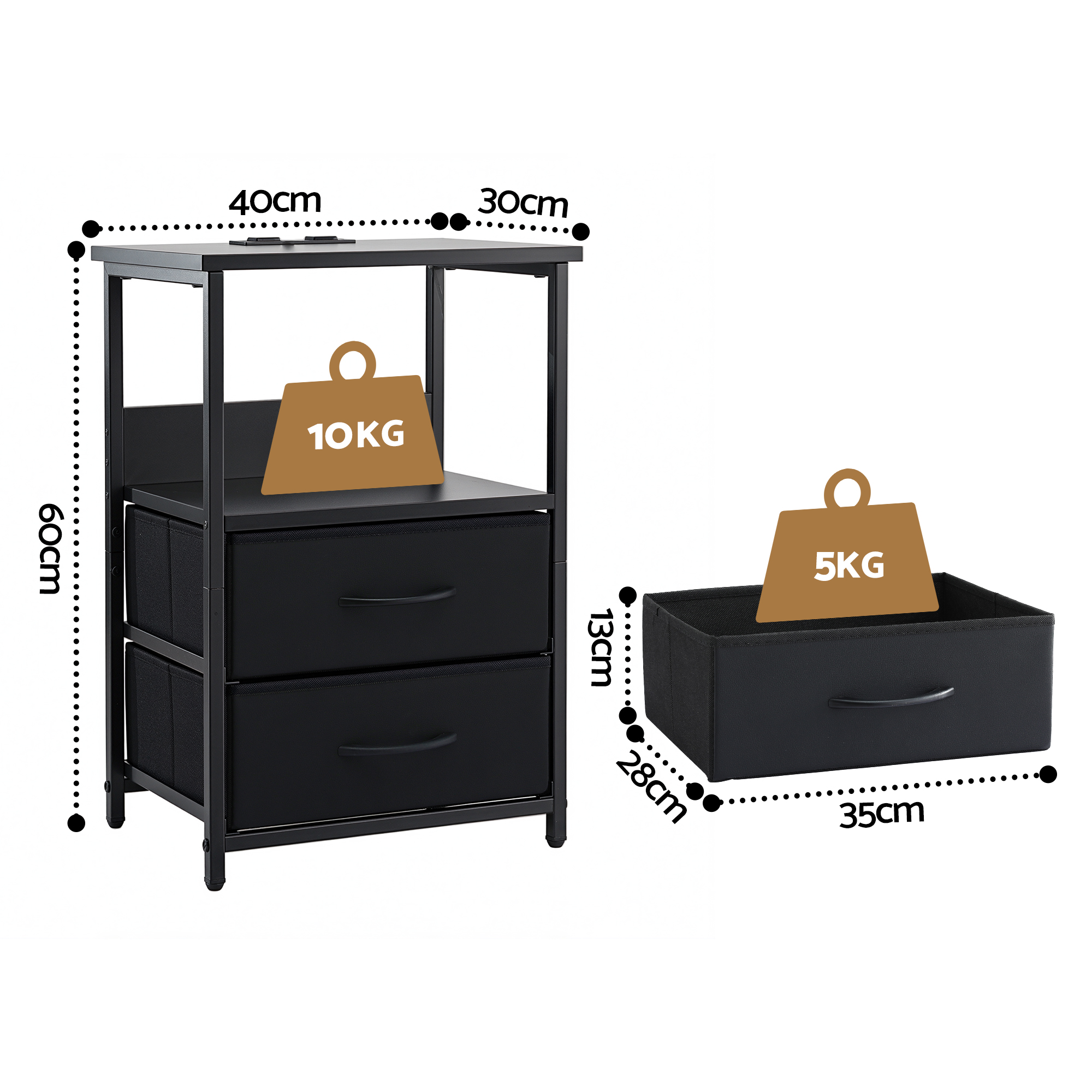 Artiss LED Nightstand Bedside Table with Charging Station, Black view 3
