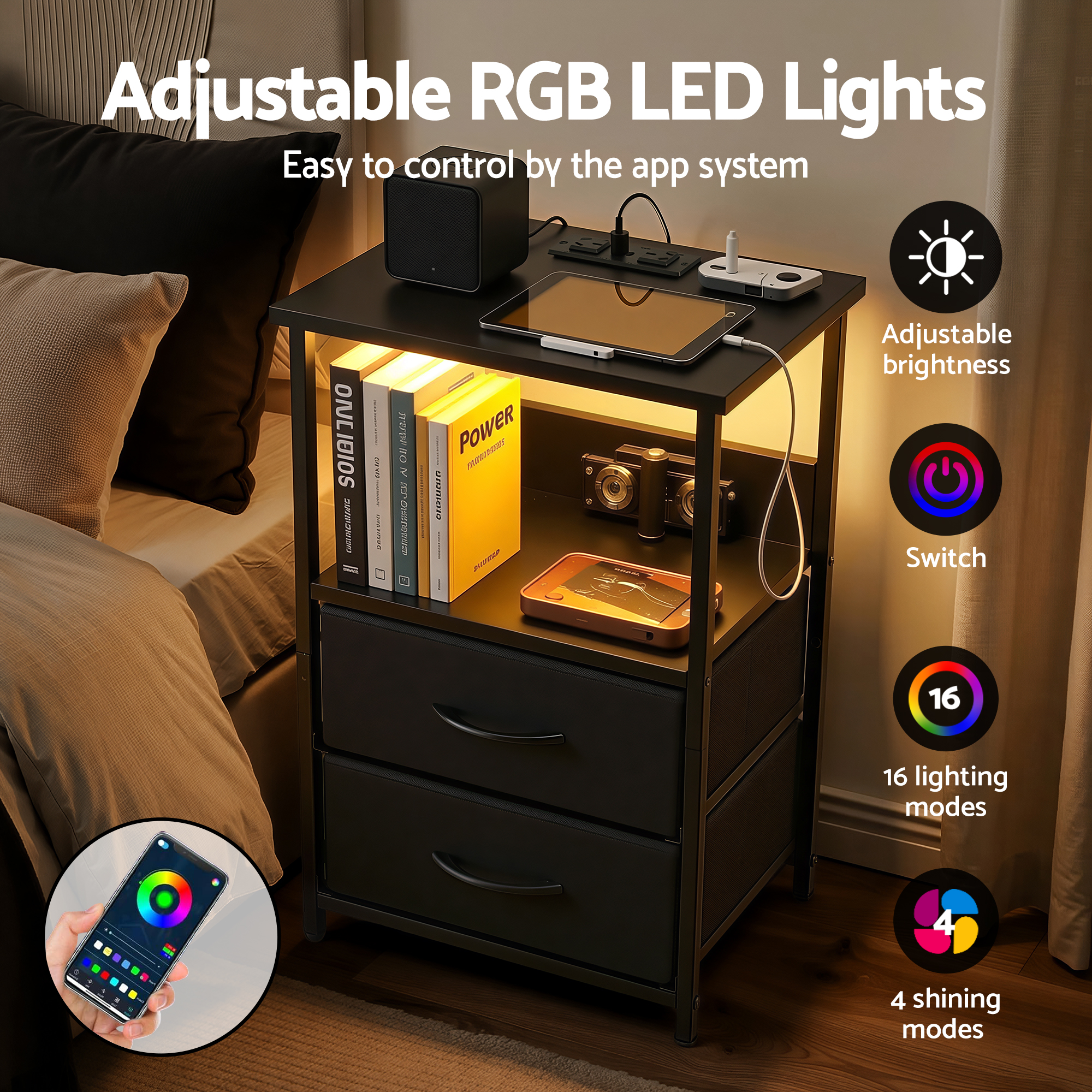 Artiss LED Nightstand Bedside Table with Charging Station, Black view 5