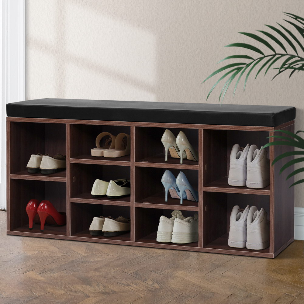 Artiss Walnut Shoe Rack Cabinet Bench, 10 Cubes