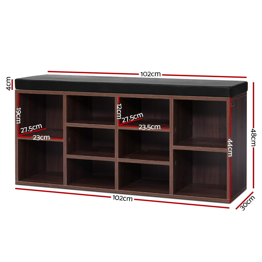 Artiss Walnut Shoe Rack Cabinet Bench, 10 Cubes view 2