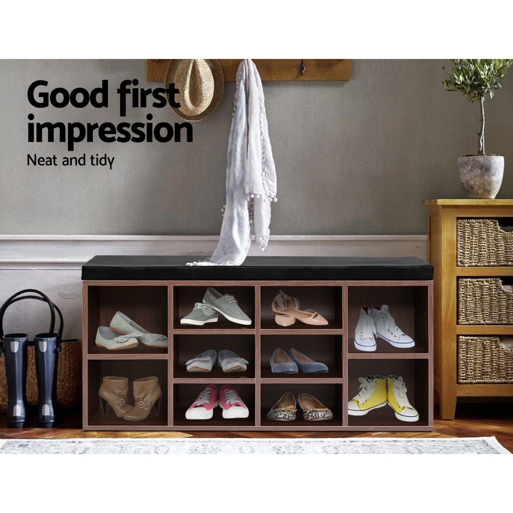 Artiss Walnut Shoe Rack Cabinet Bench, 10 Cubes view 3