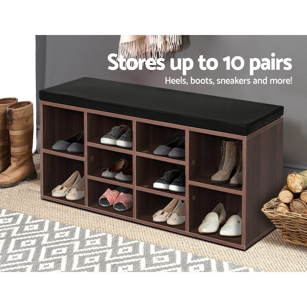 Artiss Walnut Shoe Rack Cabinet Bench, 10 Cubes view 4
