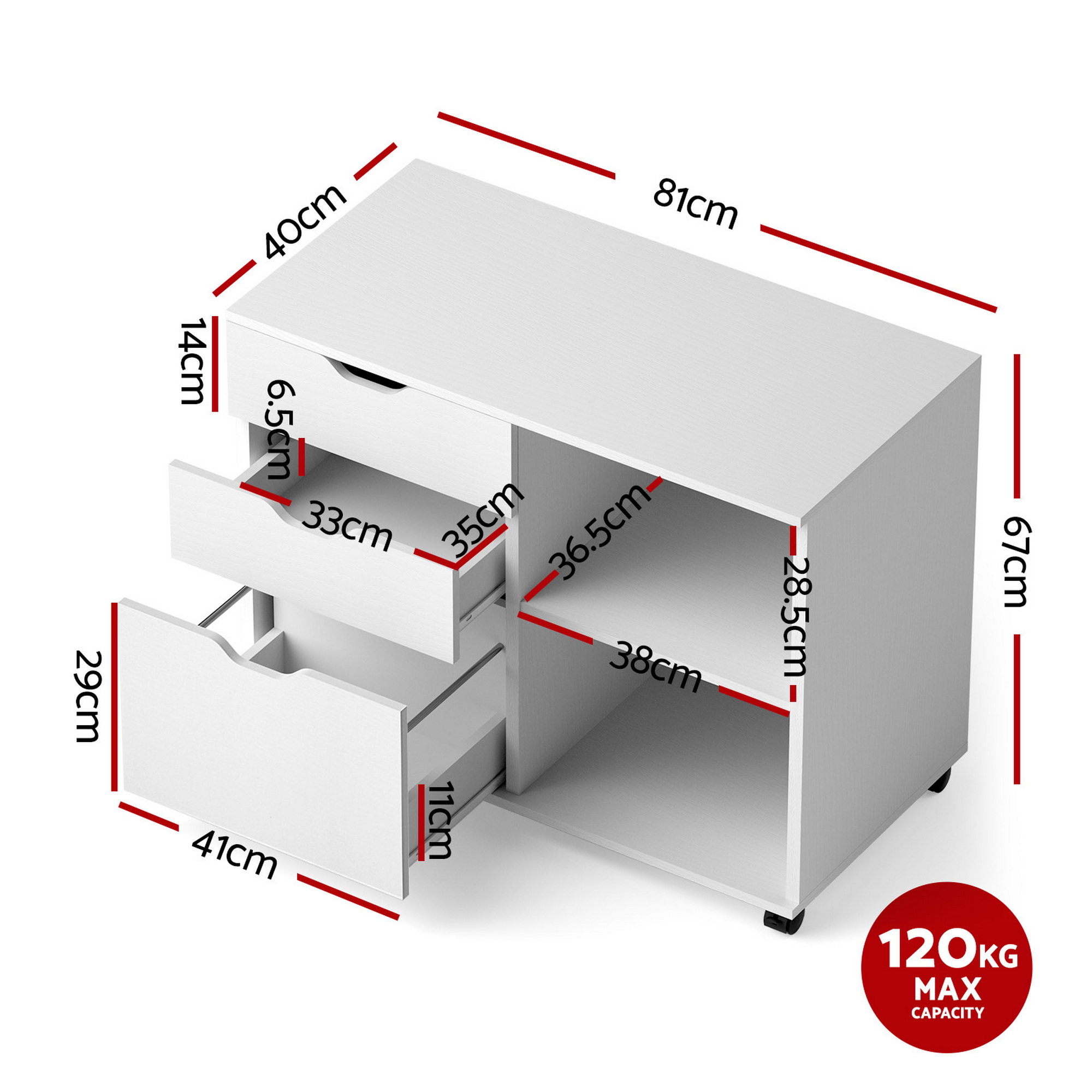 Artiss 3 Drawer Mobile Filing Cabinet White view 3