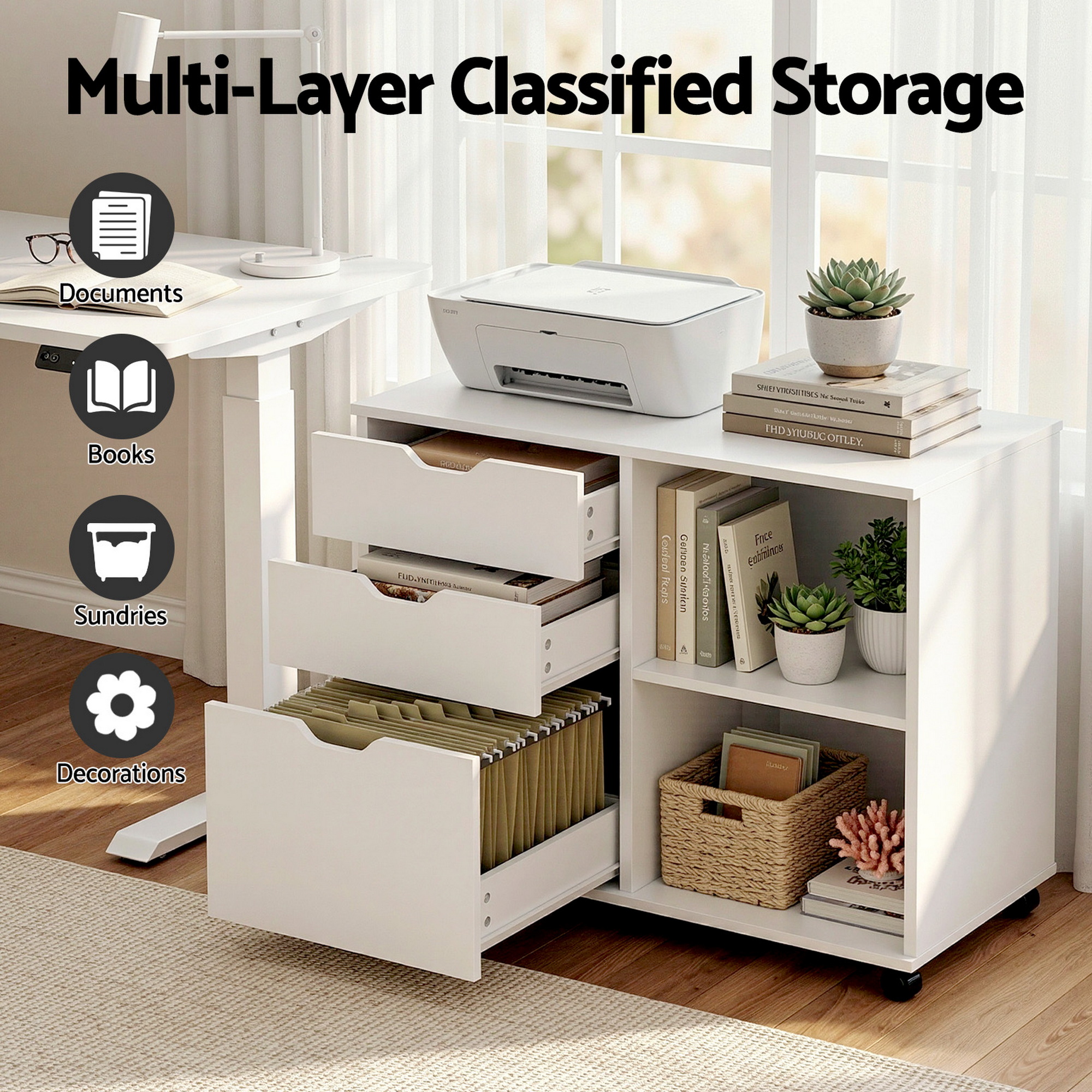 Artiss 3 Drawer Mobile Filing Cabinet White view 5