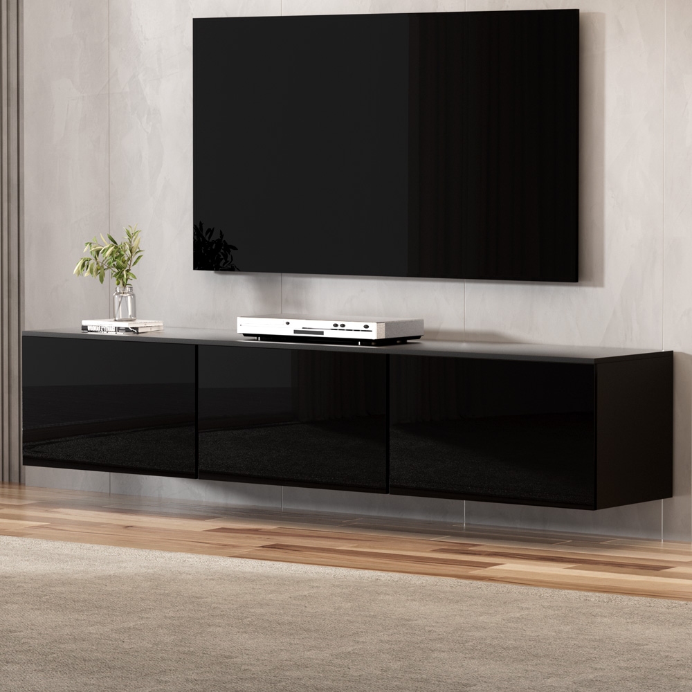 Artiss Floating TV Cabinet High Gloss Black 3 Cabinets 200cm