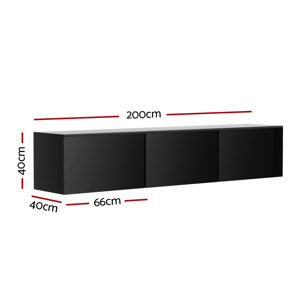 Artiss Floating TV Cabinet High Gloss Black 3 Cabinets 200cm view 4