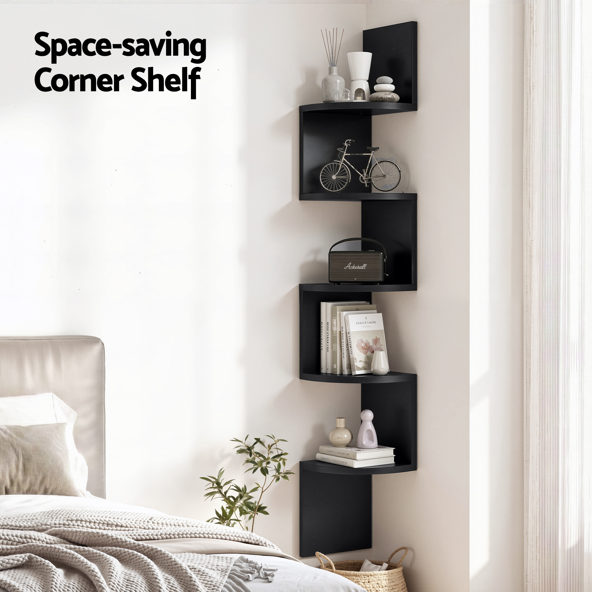 Artiss Wall Shelf Bookshelf Corner Floating 5-Tier Black view 5