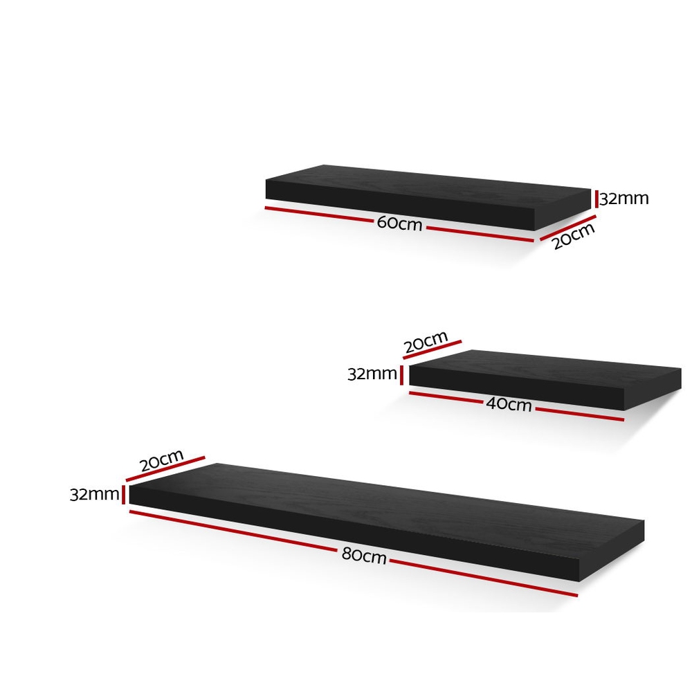 Artiss Floating Wall Shelf Set of 3 Solid Wood Black view 2