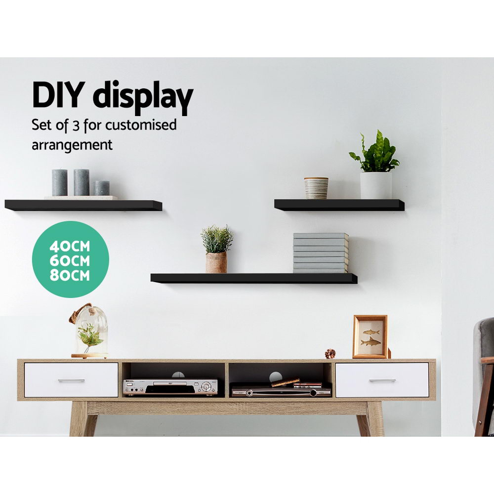 Artiss Floating Wall Shelf Set of 3 Solid Wood Black view 3