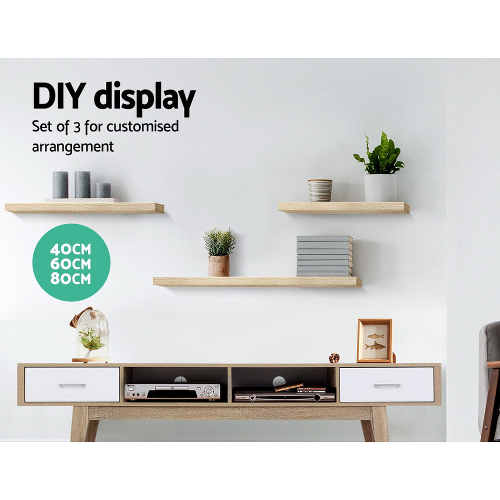 Artiss Floating Wall Shelf Set of 3 Oak in 2 Colours view 3