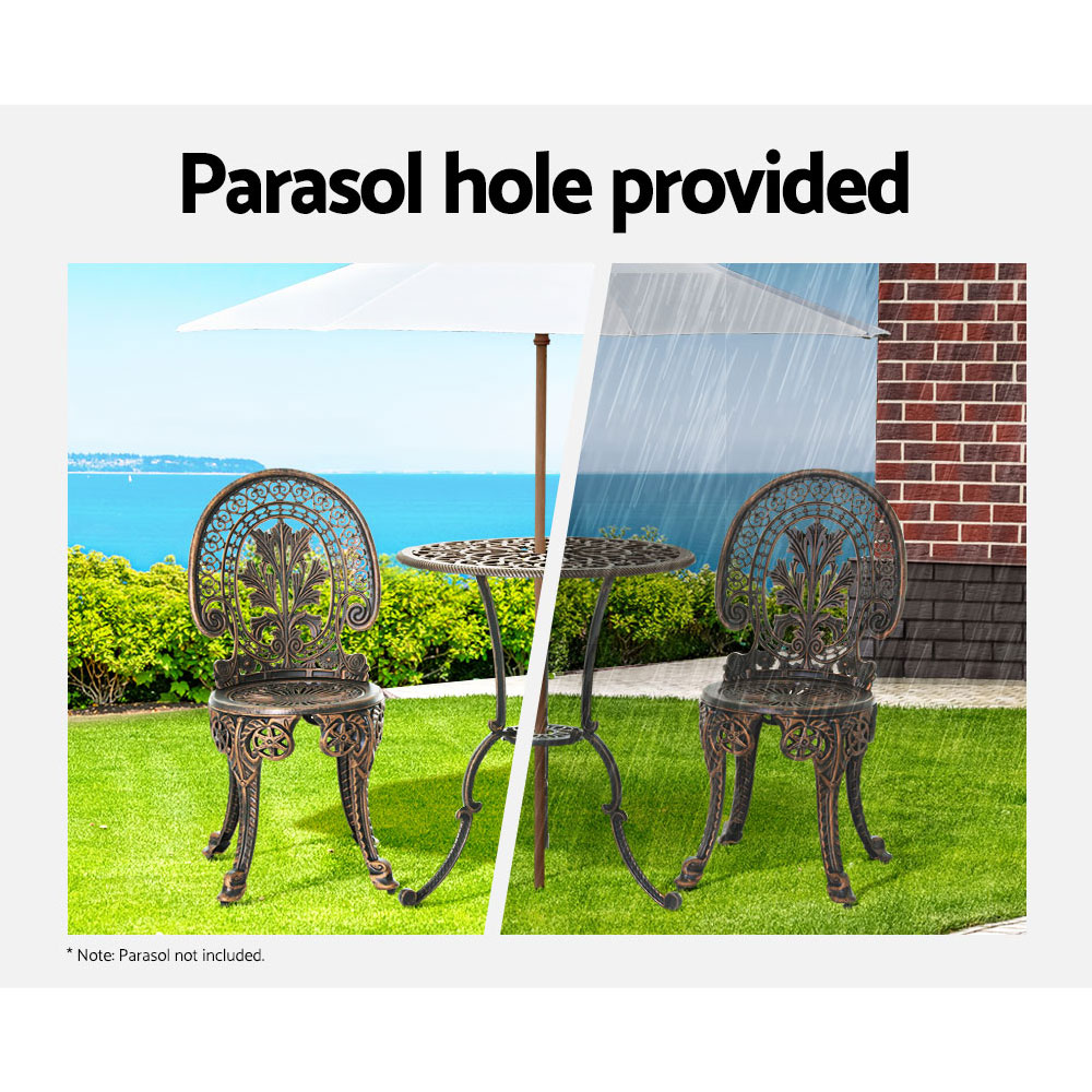 Gardeon 3PC Aluminium Vintage Bistro Set with Parasol Hole view 4