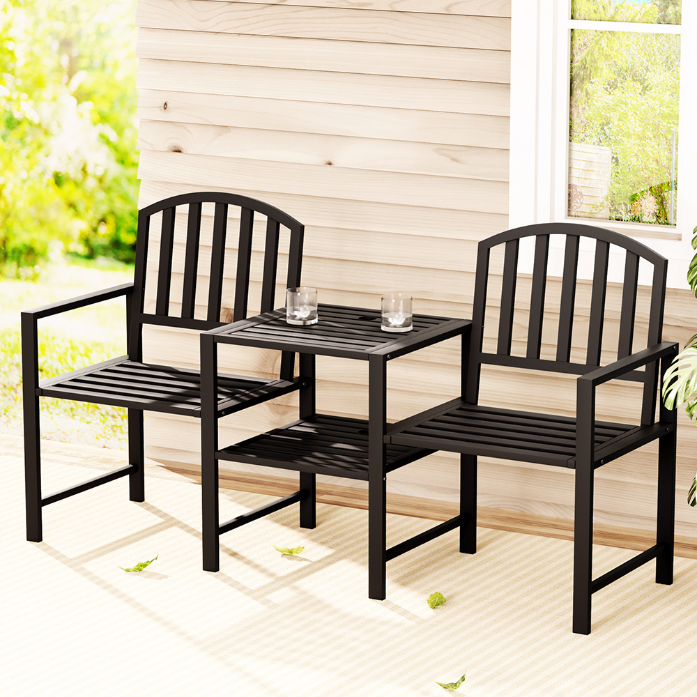 Gardeon Steel Garden Bench Loveseat with Table Black