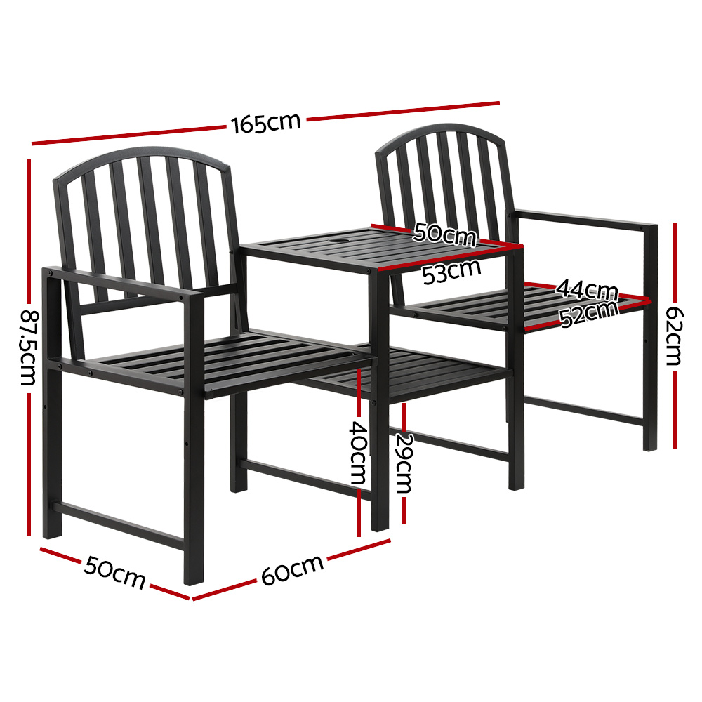 Gardeon Steel Garden Bench Loveseat with Table Black view 2
