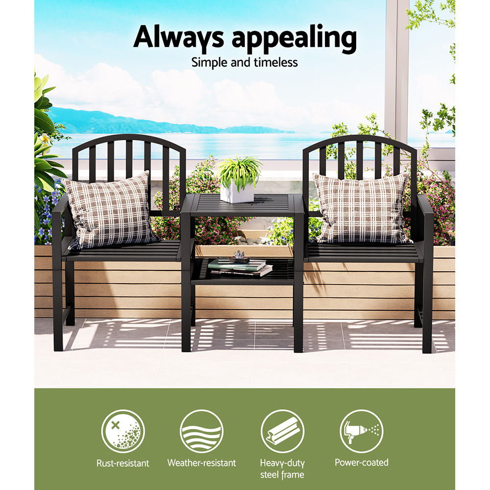 Gardeon Steel Garden Bench Loveseat with Table Black view 4