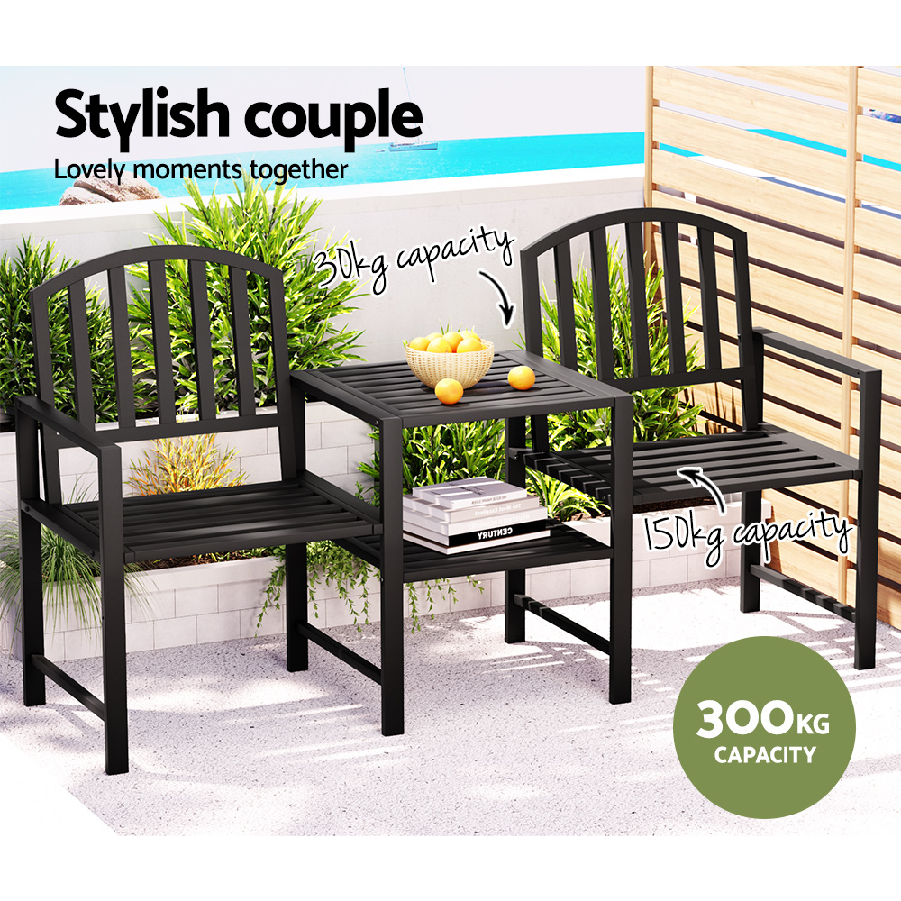 Gardeon Steel Garden Bench Loveseat with Table Black view 5