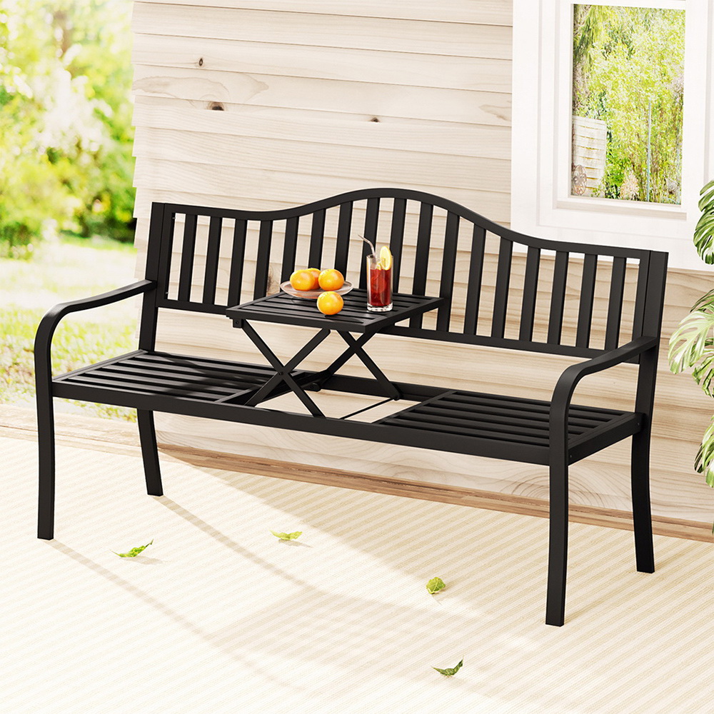 Gardeon Steel Folding Garden Bench 3-Seater Black