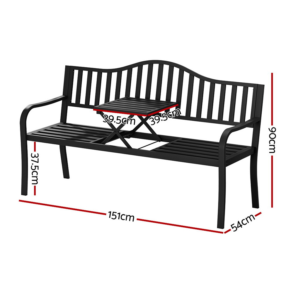 Gardeon Steel Folding Garden Bench 3-Seater Black view 2