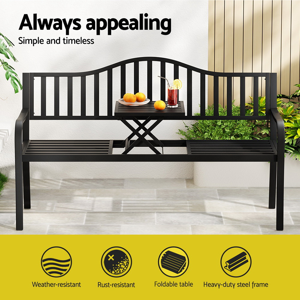 Gardeon Steel Folding Garden Bench 3-Seater Black view 4