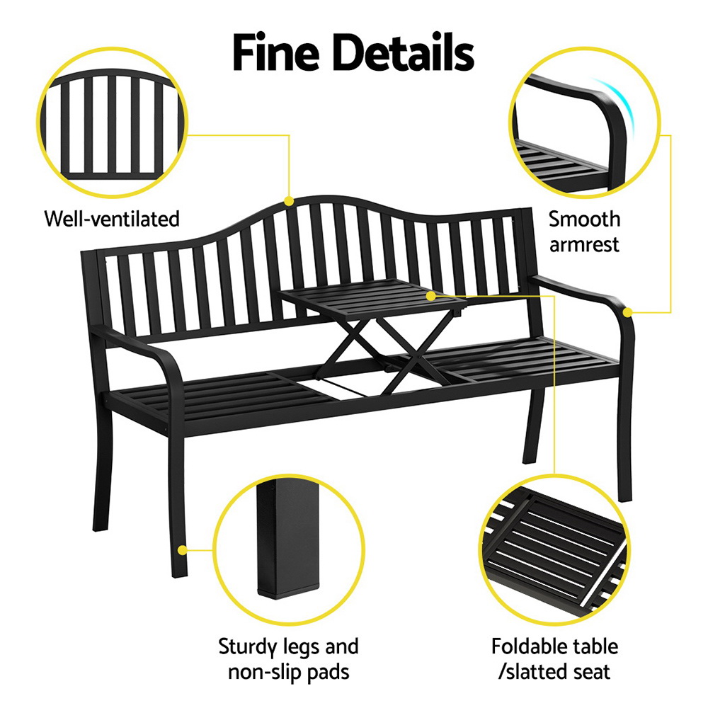 Gardeon Steel Folding Garden Bench 3-Seater Black view 5