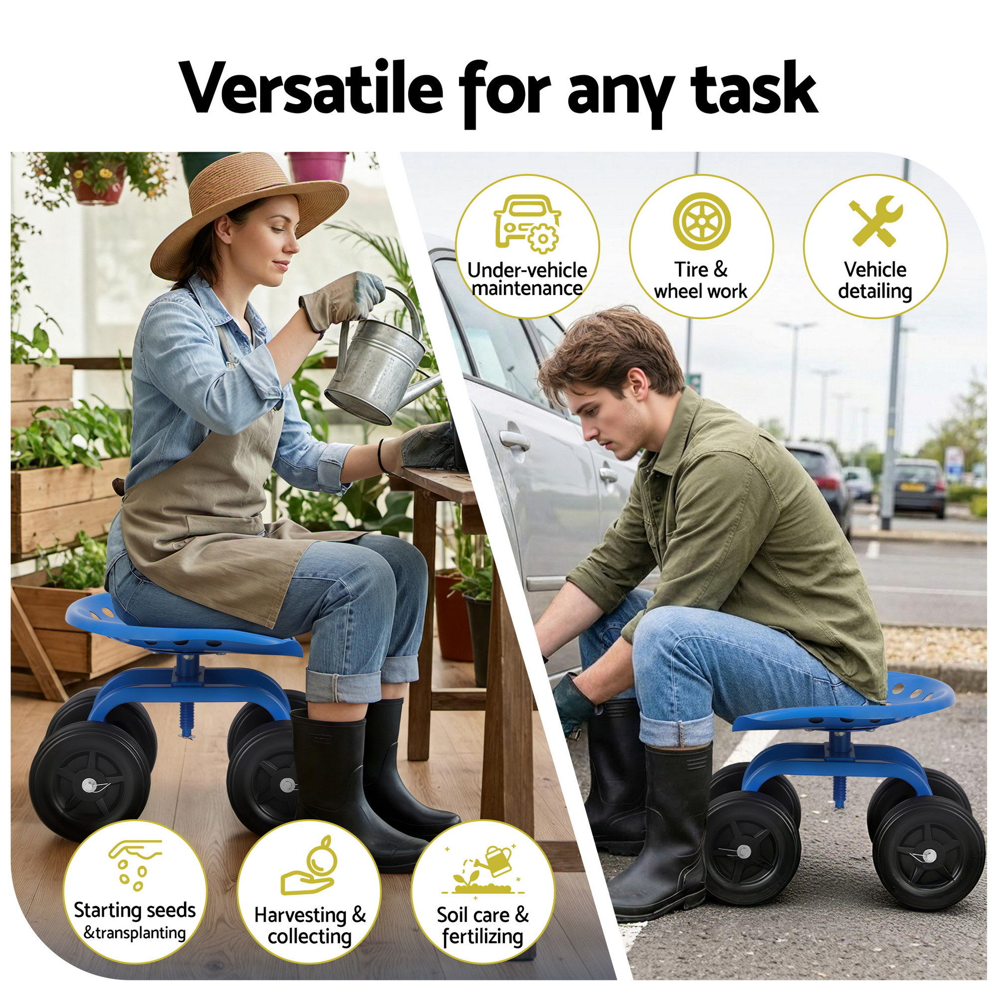 Gardeon Blue 360 Swivel Garden Seat Scooter Cart view 2