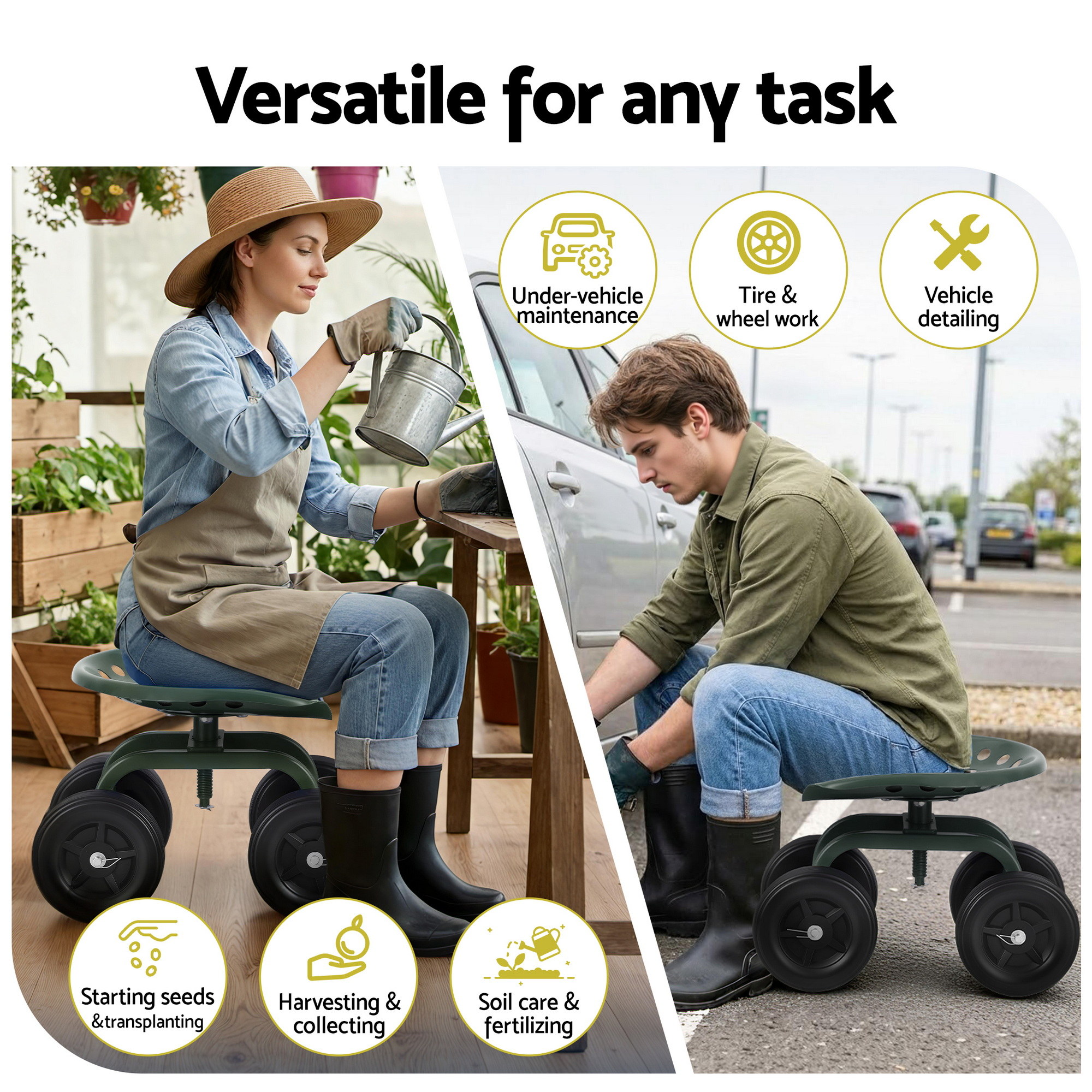 Gardeon Green 360 Swivel Garden Seat Scooter Cart view 2