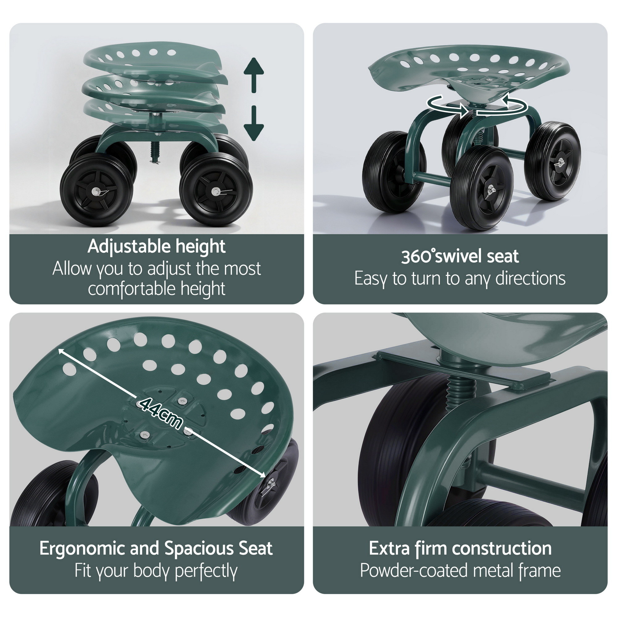 Gardeon Green 360 Swivel Garden Seat Scooter Cart view 3