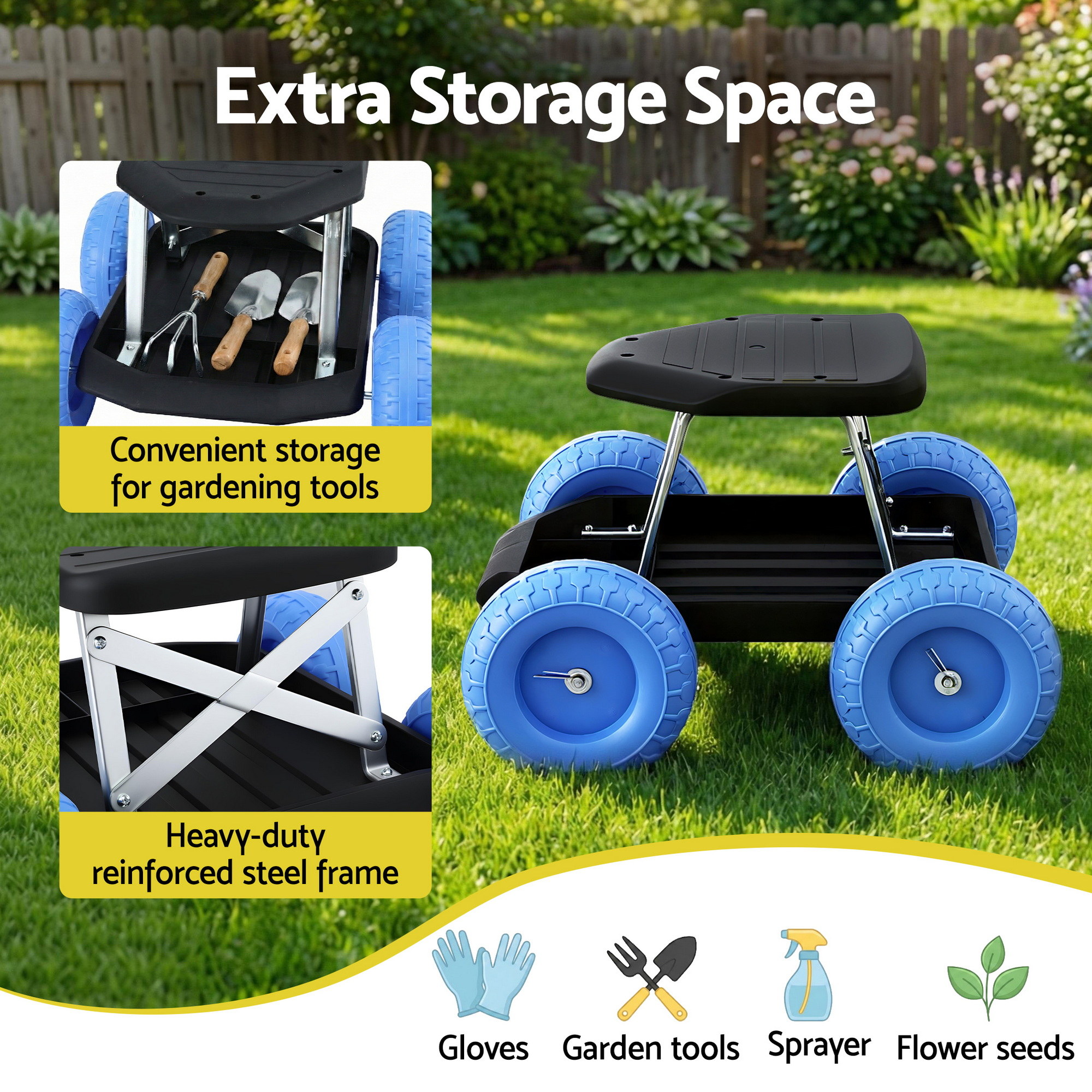 Gardeon 200kg Rolling Work Stool with Tool Tray view 3