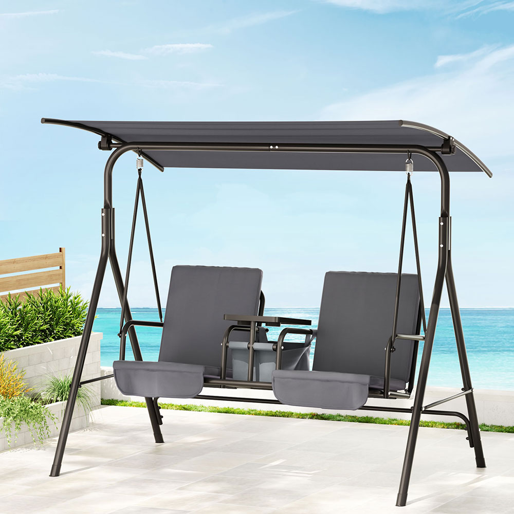 Gardeon 2 Seater Swing Chair with Cup Holder Grey