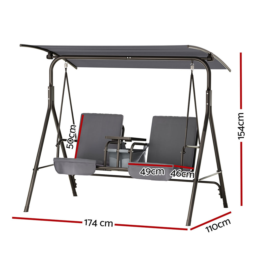 Gardeon 2 Seater Swing Chair with Cup Holder Grey view 2