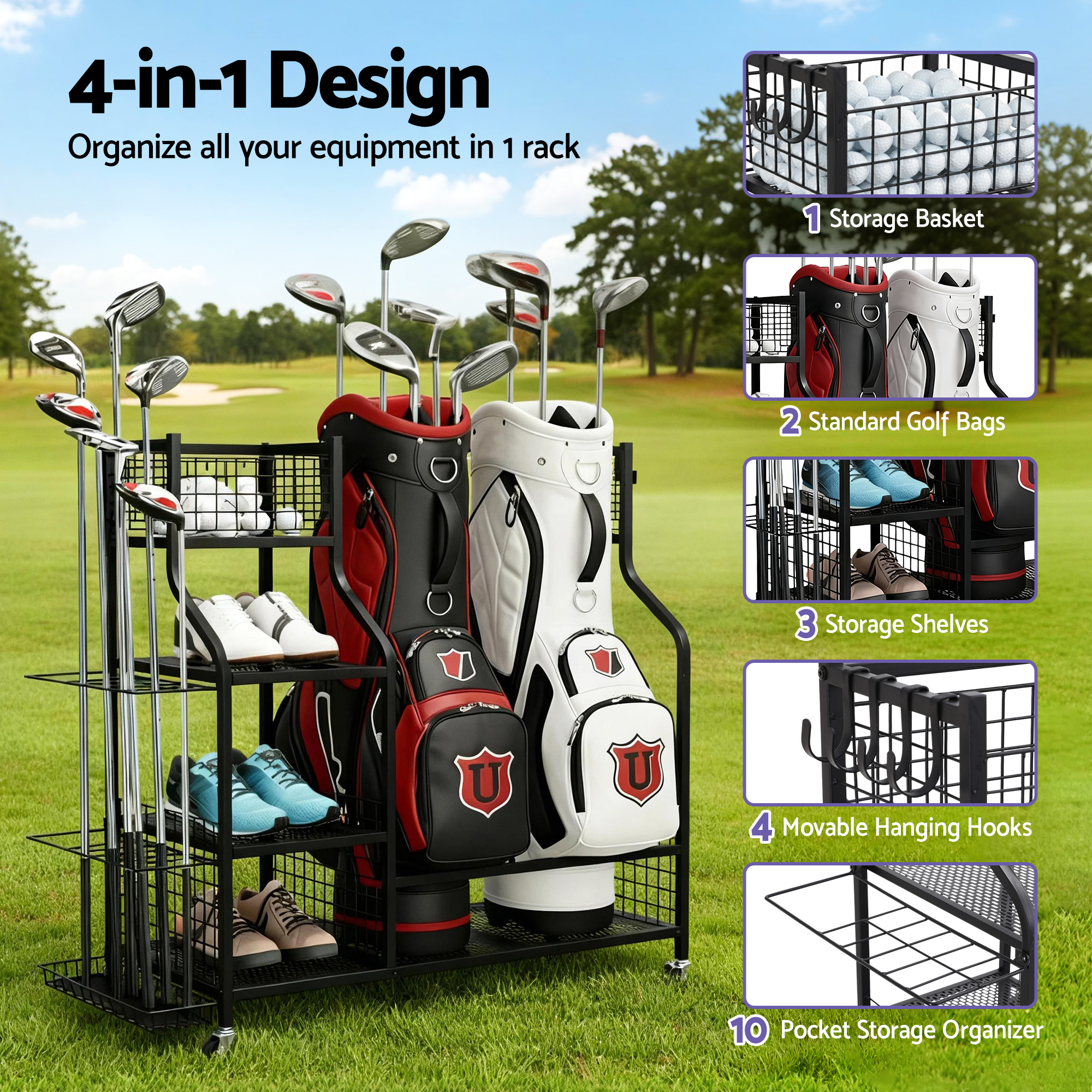 Everfit Golf Bag Storage Organiser with Wheels view 4