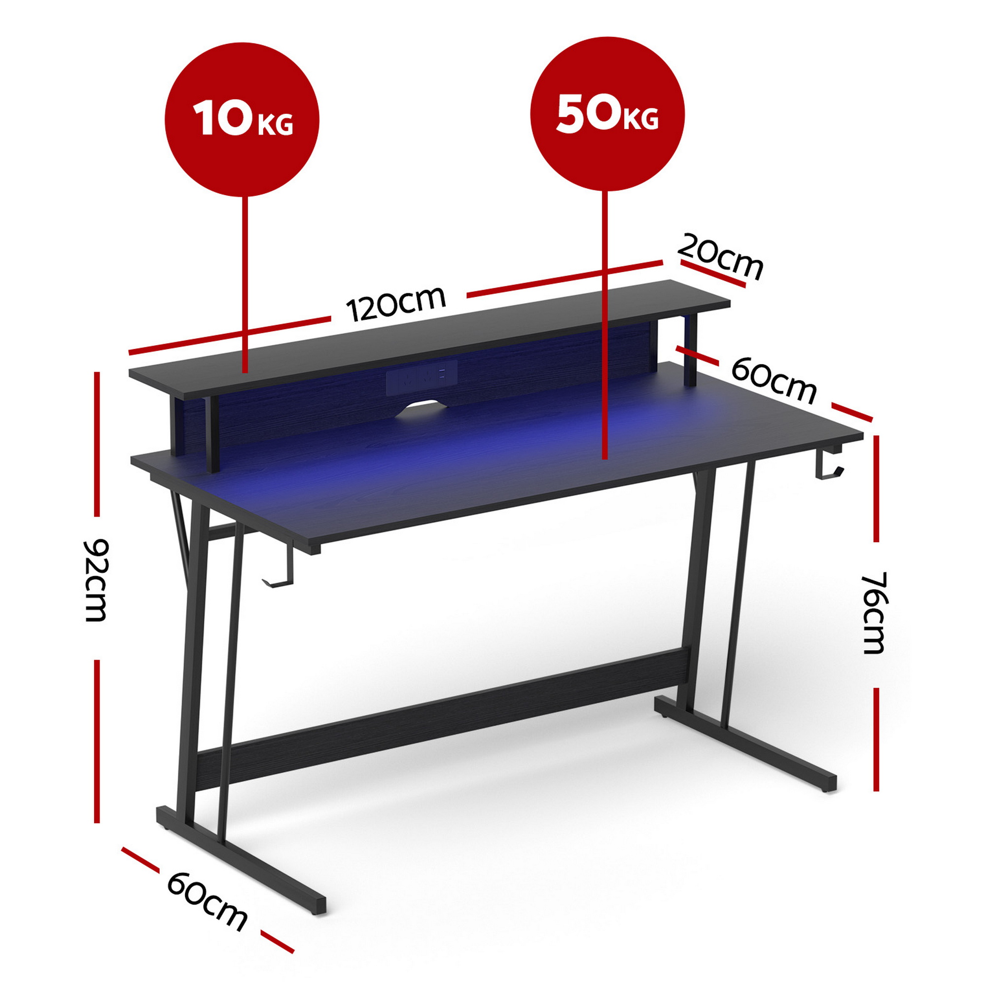 Artiss Gaming Desk with LED Lights and Monitor Shelf 120cm view 2
