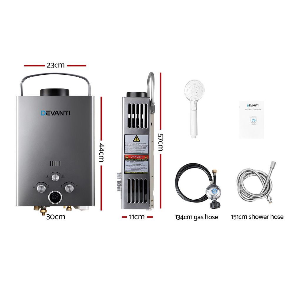 Devanti Portable Gas Water Heater LPG Grey view 2