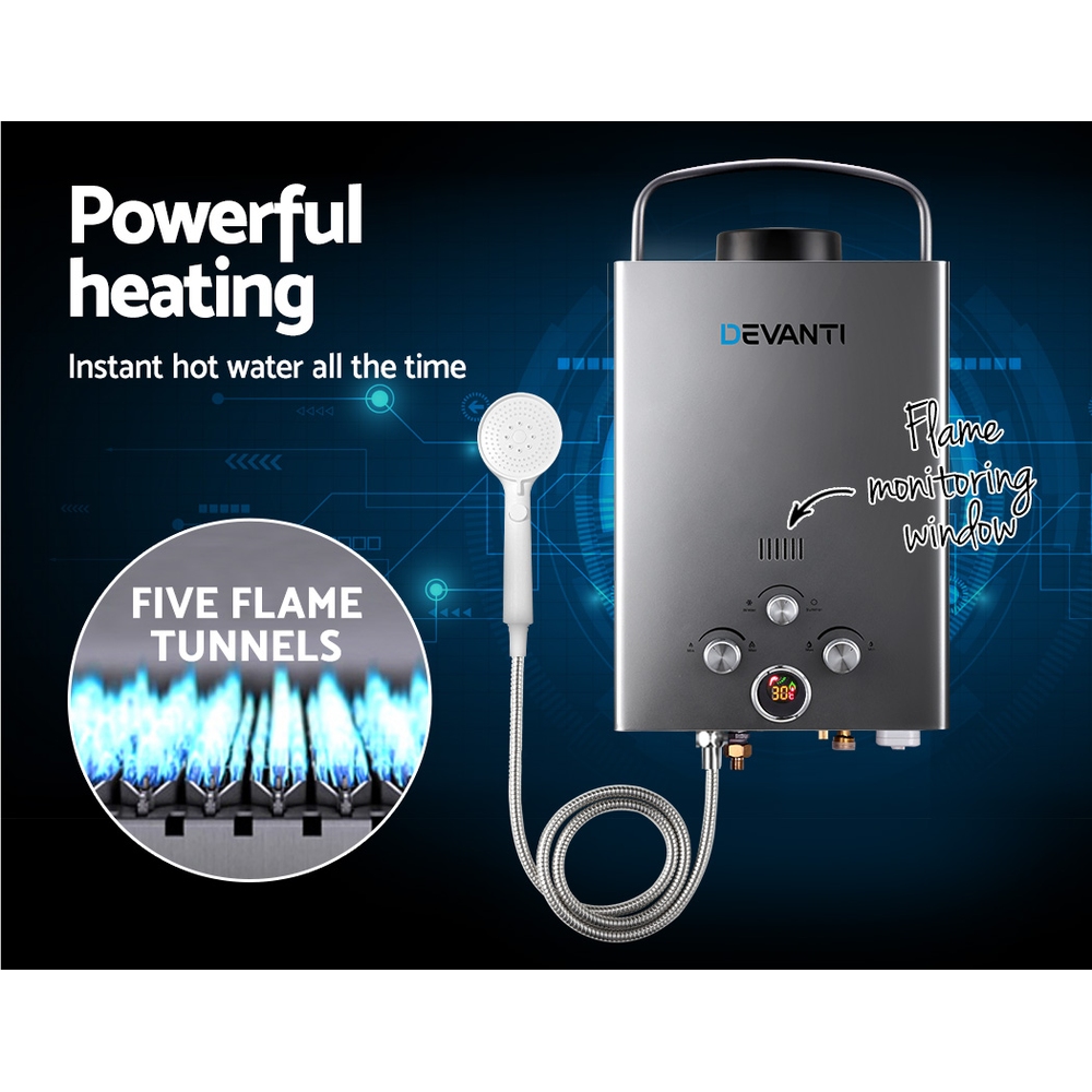 Devanti Portable Gas Water Heater LPG Grey view 4