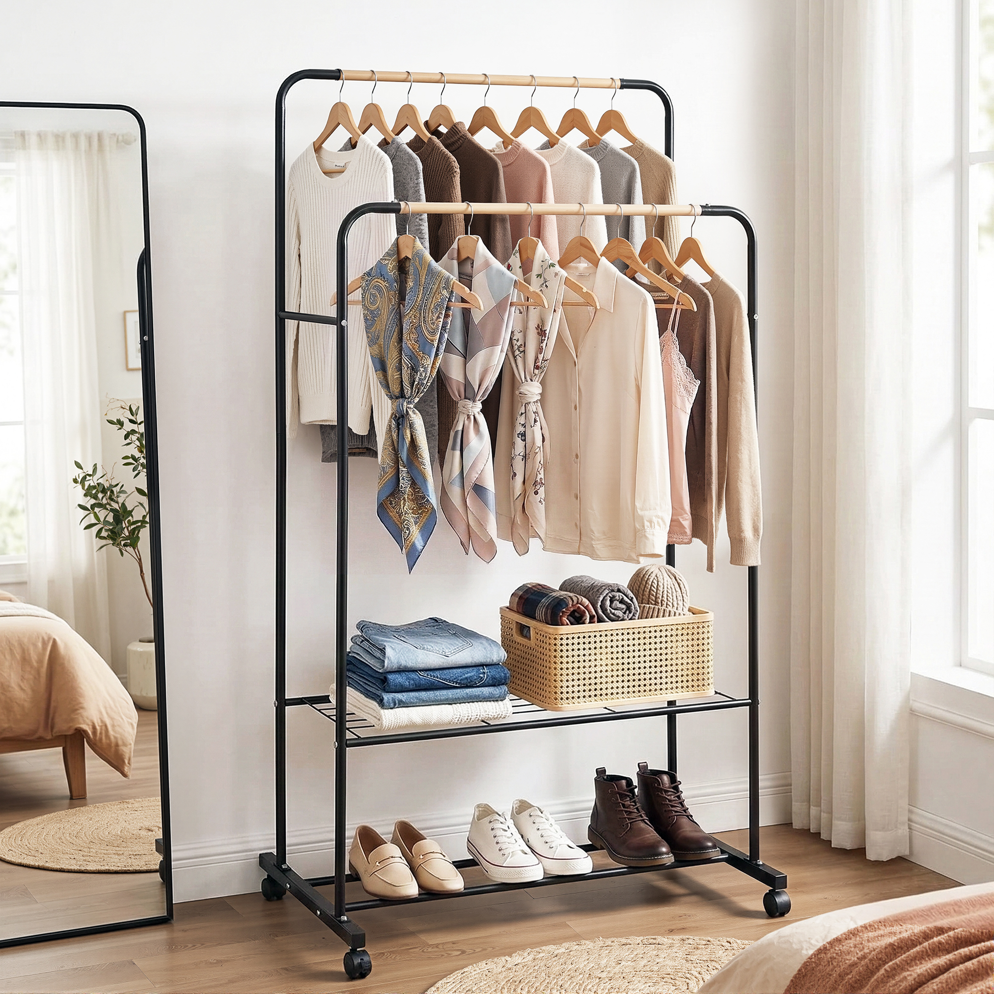Artiss Double Rod Clothes Rack with 2 Storage Shelves