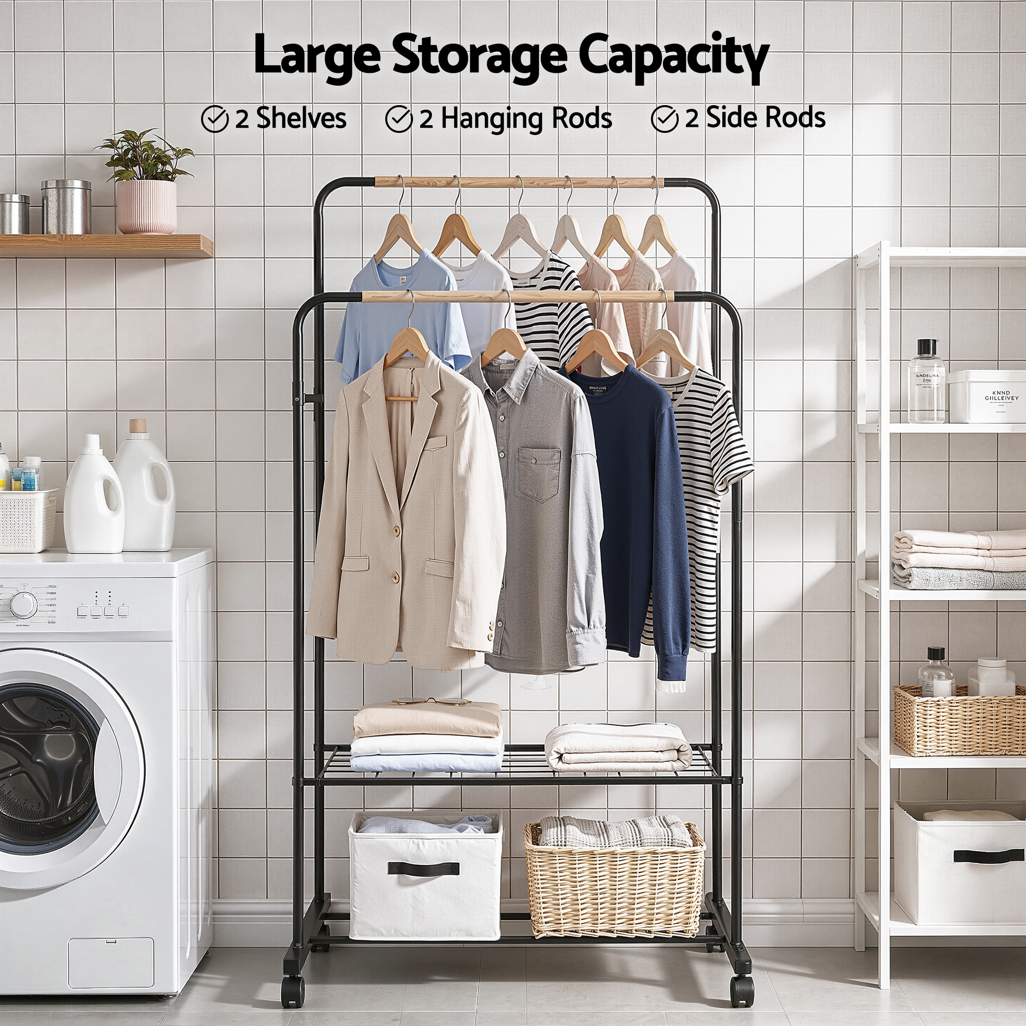 Artiss Double Rod Clothes Rack with 2 Storage Shelves view 5