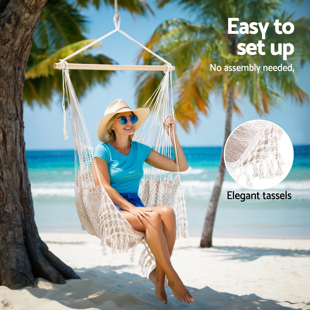Gardeon Cream Mesh Hammock Chair with Timber Rail view 5