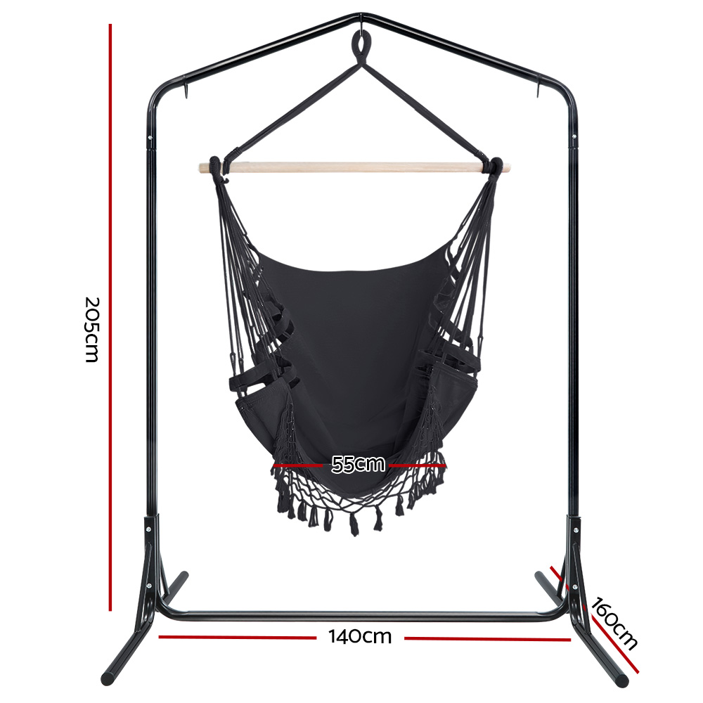 Gardeon Tassel Hammock Chair with Stand Grey view 2