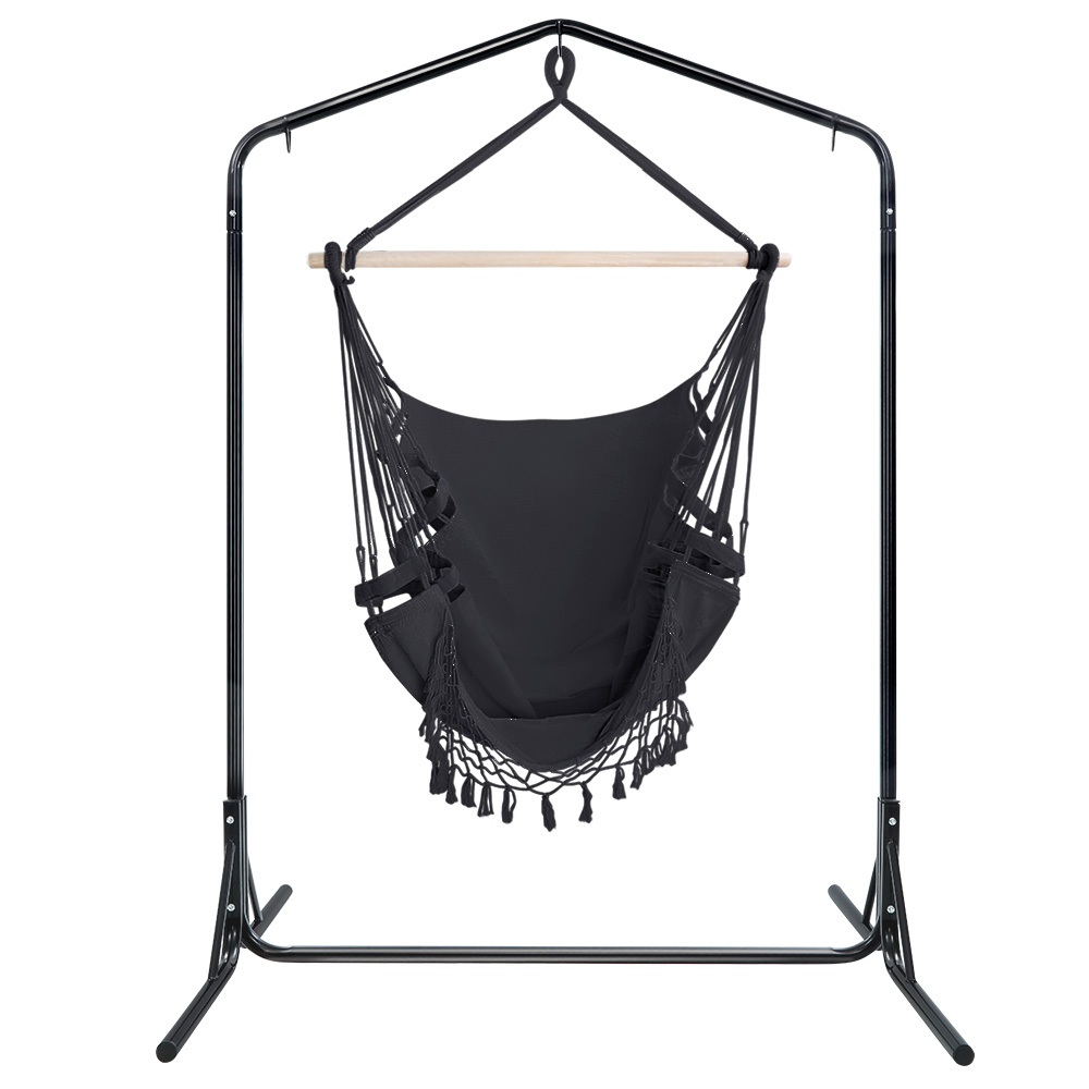 Gardeon Tassel Hammock Chair with Stand Grey view 3
