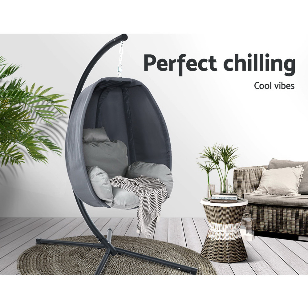 Gardeon Foldable Egg Swing Chair Canopy Grey view 3