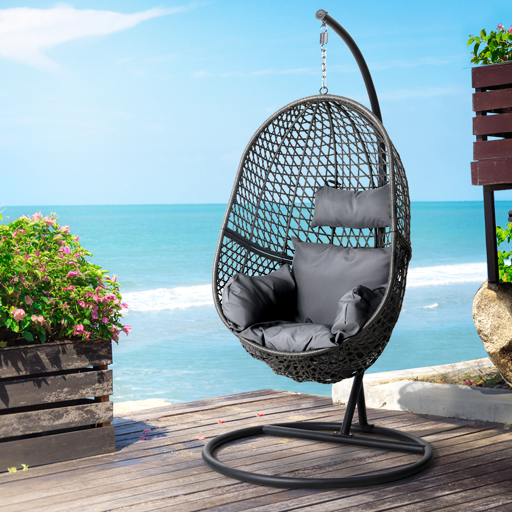 Gardeon Wicker Rattan Egg Swing Chair Cushion Black