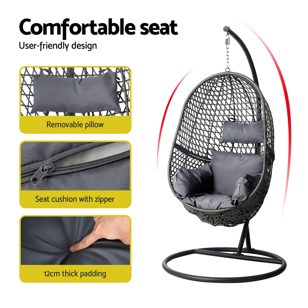 Gardeon Wicker Rattan Egg Swing Chair Cushion Black view 4