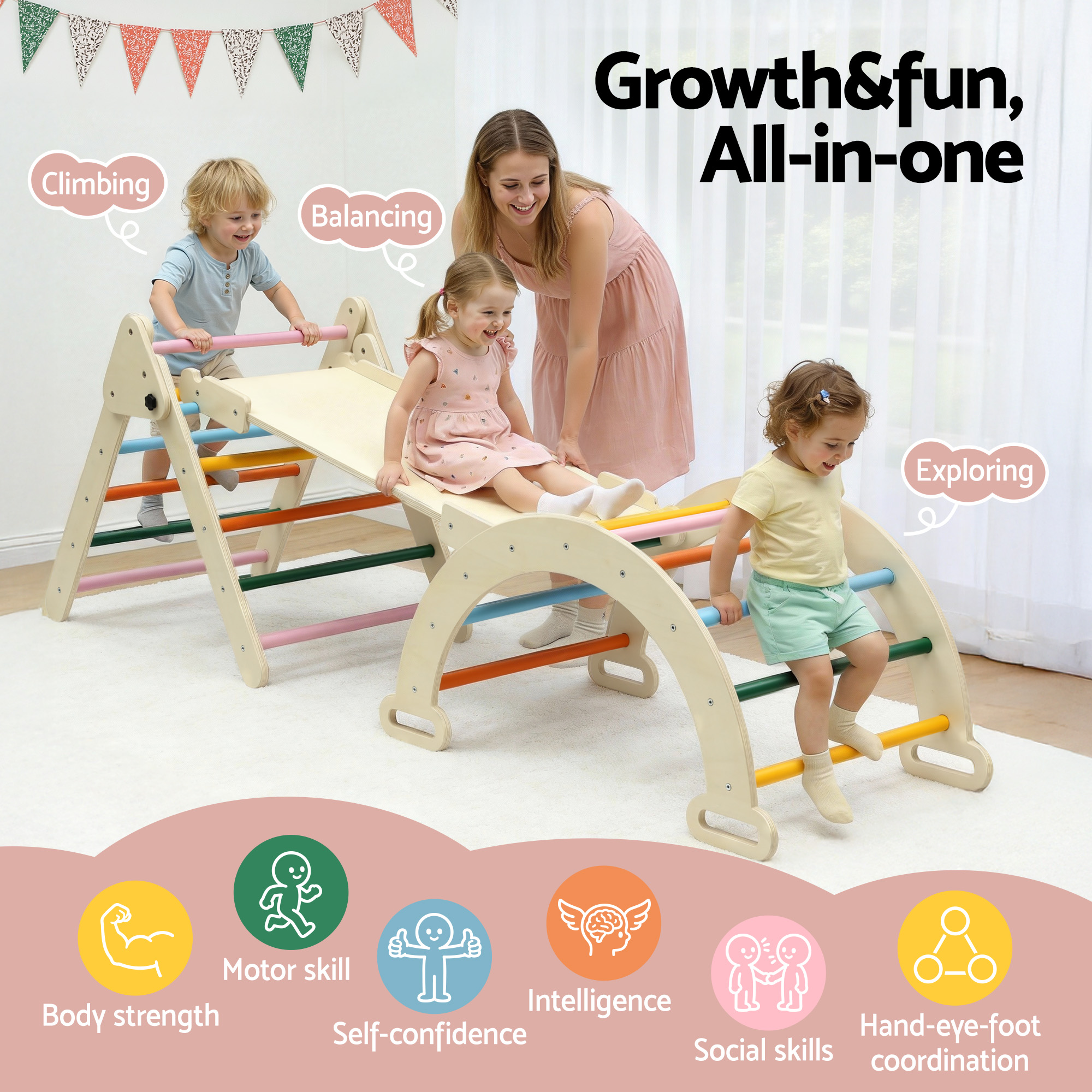 Keezi 3-in-1 Pikler Climbing Toys Set with Slide view 4